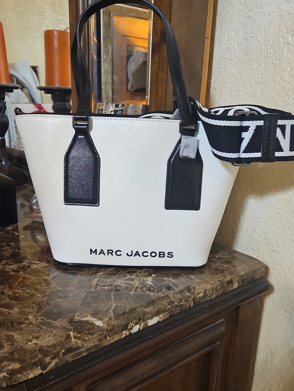 New Marc Jacobs White Tote with Black Trim and Logo Strap